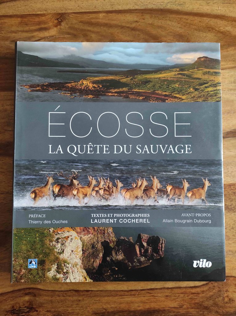 Visiter le Royaume-Uni et l’Irlande : 10 Livres Pour Voyager Depuis Chez Soi 7 Livre posé sur une table. Couverture grise avec des photos de cerfs et de paysages écossais. Titre écrit en blanc : Écosse, la quête du sauvage.
